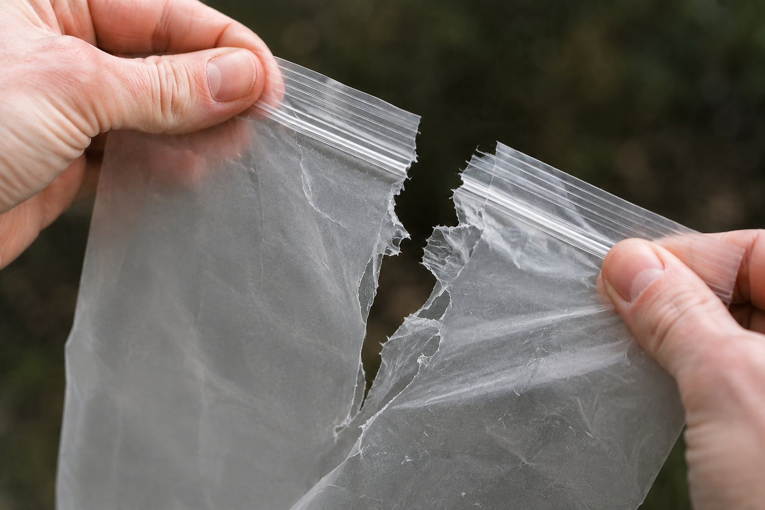 Hands tearing a biodegradable ziplock bag to show breakdown and texture